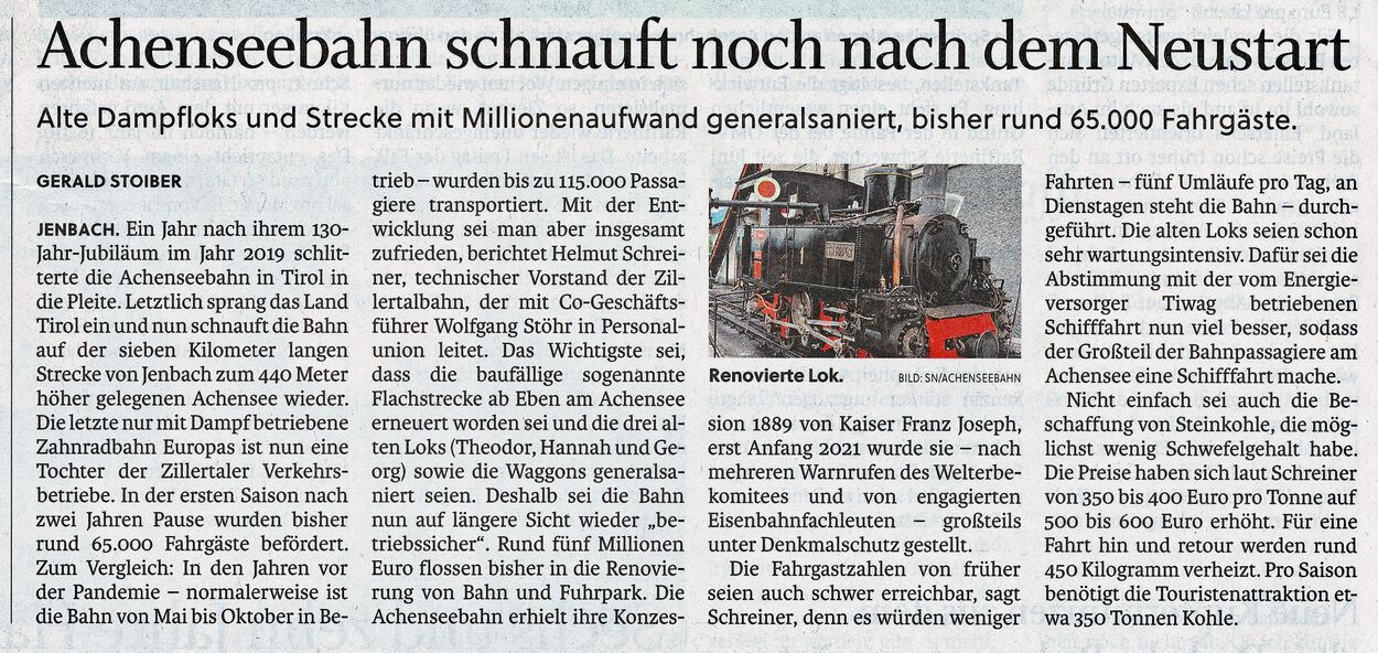 Zeitungsartikel Salzburger Nachrichten 8.10.2022 Achenseebahn Neustart