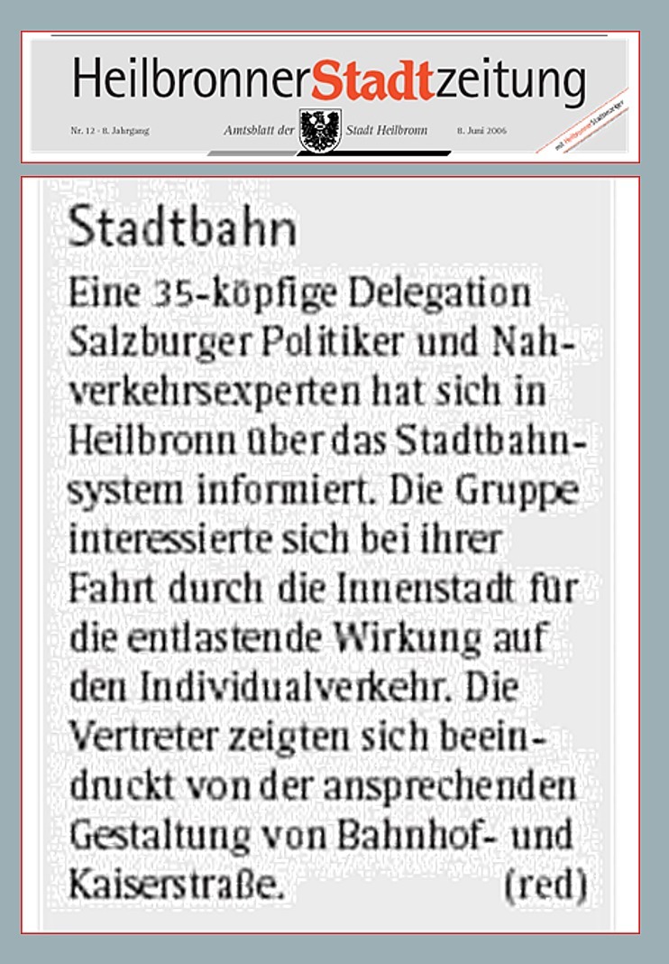 Zeitungsartikel in der Heilbronner Stadtzeitung über den Besuch der Salzburger Exkursion auf der Stadtbahn Heilbronn
