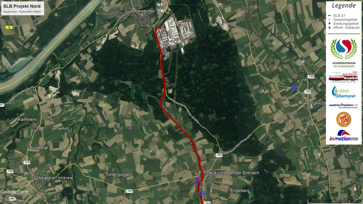 Trassenführung der vorgeschlagenen Strecke zwischen Ranshofen und Lamprechtshausen