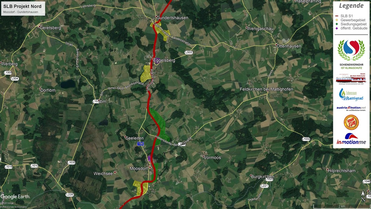 Trassenführung der vorgeschlagenen Strecke zwischen Ranshofen und Lamprechtshausen