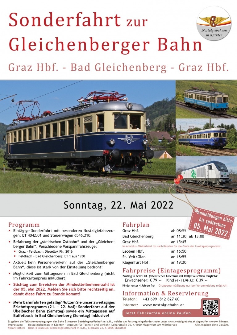 Nostalgiebahnen in Kärnten - Frühlingsfahrt in die Steiermark - Anmeldung bis 05.05.2022 !