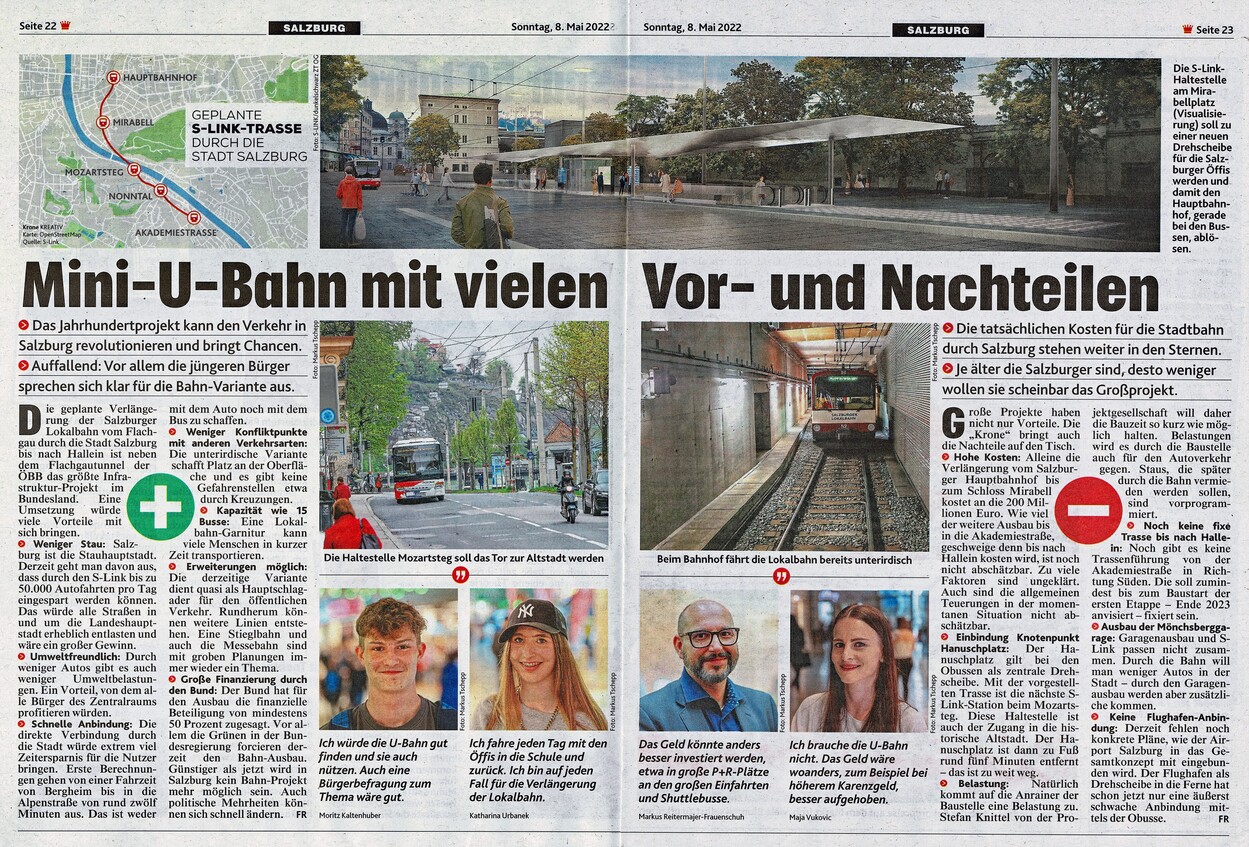 Krone-Artikel 08.Mai 2022 "Mini-U-Bahn mit vielen Vor- und Nachteilen"